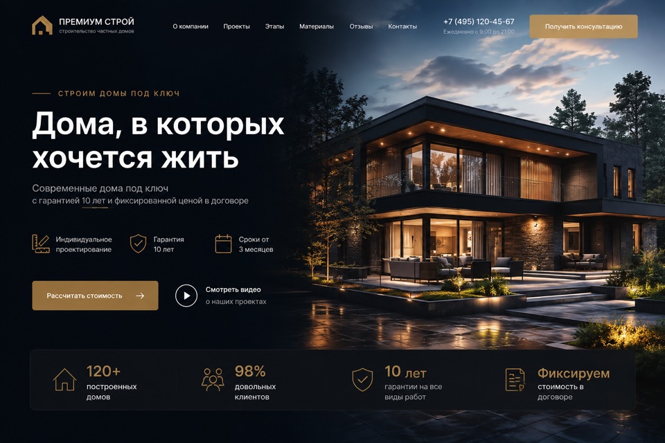 Лендинг строительной компании с современным загородным домом