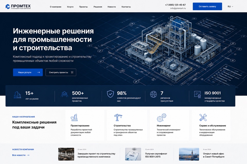Многостраничный сайт инженерной компании с промышленным проектом